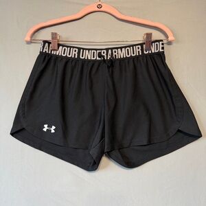Under Armour Womens Gym Loose Shorts Size Small Black Logo Spellout Fitness READ